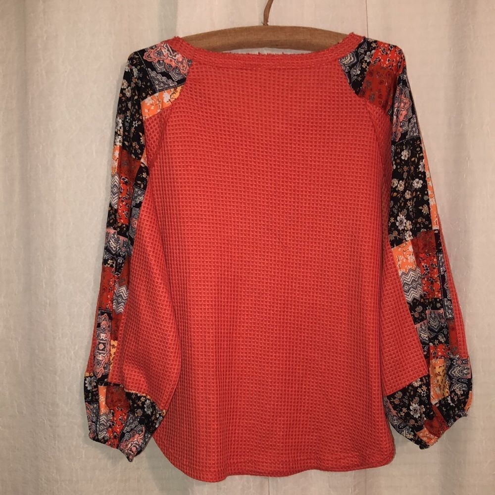M Orange Black White Waffle Knit V Neck Long Sleeve Pullover Top Floral - Picture 5 of 14